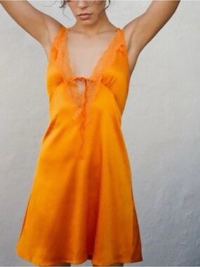 Zara Orange Satin Lace-Trim Mini Dress